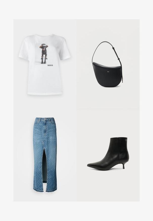 T-shirt en coton blanc avec un chien noir portant un chapeau et des bottes en caoutchouc, avec une photo imprimée et le logo 'BARBOUR' à l'avant.; Jupe midi en denim bleu avec une fente à l'avant, texture délavée et motif en script blanc. Dispose d'une taille classique et d'un ourlet effiloché.; Bottine en cuir noir avec bout pointu et petit talon kitten sur fond clair, vue côté extérieur.; Sac à bandoulière en cuir noir en forme de demi-lune avec une bandoulière réglable et le logo doré « BOSS » centré sur le devant.