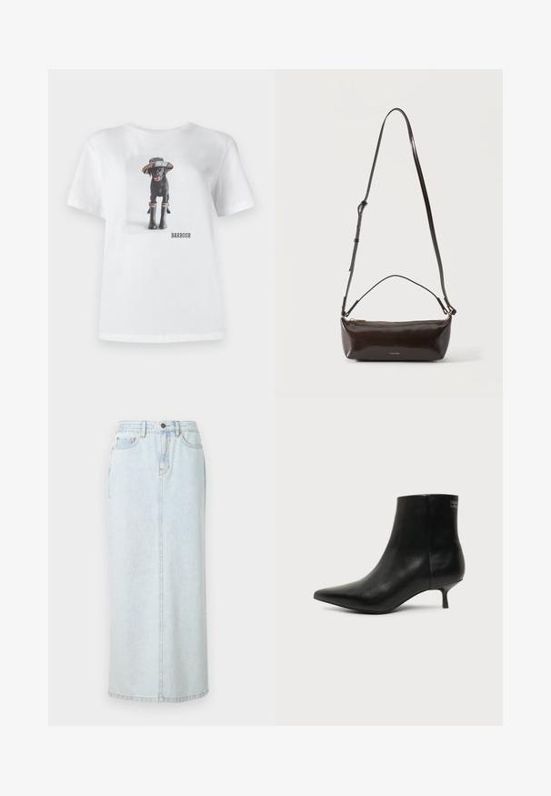 T-shirt en coton blanc avec un chien noir portant un chapeau et des bottes en caoutchouc, avec une photo imprimée et le logo 'BARBOUR' à l'avant.; Jupe maxi en denim bleu clair avec un design droit, fermeture à boutons sur le devant et couture visible. Elle comporte deux poches avant.; Bottine en cuir noir avec bout pointu et petit talon kitten sur fond clair, vue côté extérieur.; Petit sac à bandoulière en cuir marron foncé brillant avec bandoulière réglable, poignée supérieure et fermeture éclair dorée.
