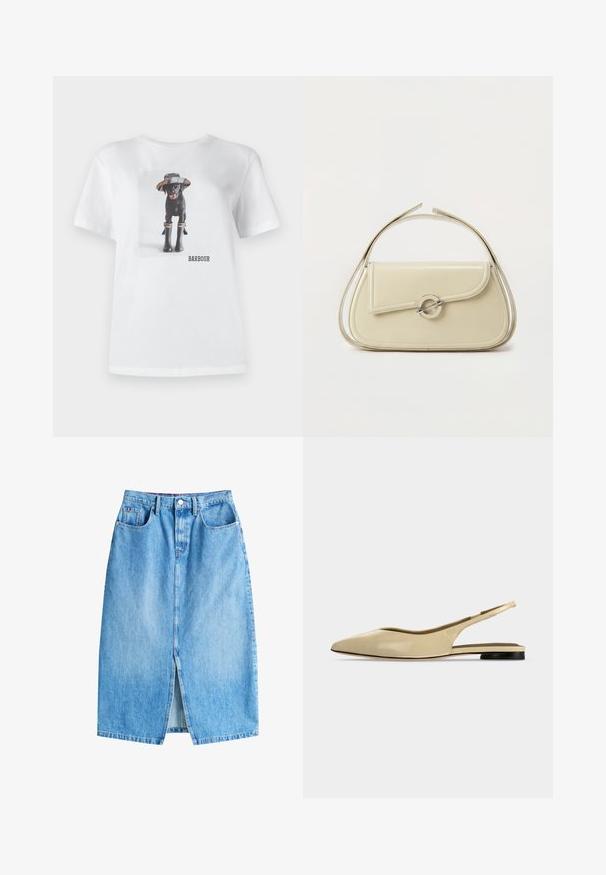 T-shirt en coton blanc avec un chien noir portant un chapeau et des bottes en caoutchouc, avec une photo imprimée et le logo 'BARBOUR' à l'avant.; Jupe en denim bleu clair avec une fente avant, cinq poches et une fermeture à bouton. Présente une coupe droite classique et un ourlet effiloché.; Chaussure plate beige à bout pointu avec bride arrière, petit talon noir et finition en cuir lisse, vue de côté sur un fond uni.; Sac à main en cuir crème avec rabat incurvé, fermoir circulaire en argent et poignée courte sur le dessus, sur fond blanc uni.