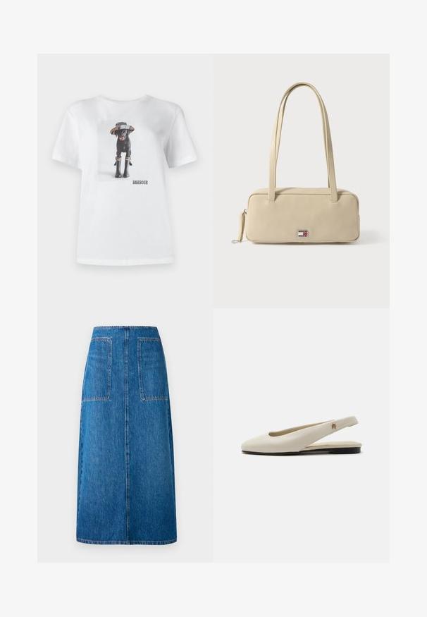 T-shirt en coton blanc avec un chien noir portant un chapeau et des bottes en caoutchouc, avec une photo imprimée et le logo 'BARBOUR' à l'avant.; Jupe en denim bleu foncé à coupe droite, dotée de deux poches arrière et de coutures visibles le long de l'ourlet et des bords des poches.; Chaussure plate slingback en cuir couleur crème avec un bout arrondi et un petit emblème doré sur la bride.; Sac à main rectangulaire beige en matériau lisse avec deux poignées, une fermeture éclair et un logo métallique de marque en accent sur le devant.