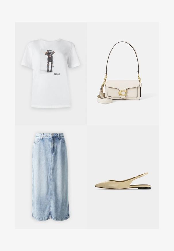 T-shirt en coton blanc avec un chien noir portant un chapeau et des bottes en caoutchouc, avec une photo imprimée et le logo 'BARBOUR' à l'avant.; Jupe en denim de couleur bleu clair, avec une coupe droite, des passants de ceinture, des poches avant et des coutures visibles le long de l'ourlet et des coutures.; Chaussure plate beige à bout pointu avec bride arrière, petit talon noir et finition en cuir lisse, vue de côté sur un fond uni.; Sac en cuir crème avec un design structuré, bords noirs contrastants, quincaillerie dorée et une bandoulière détachable ornée d'un logo signature.