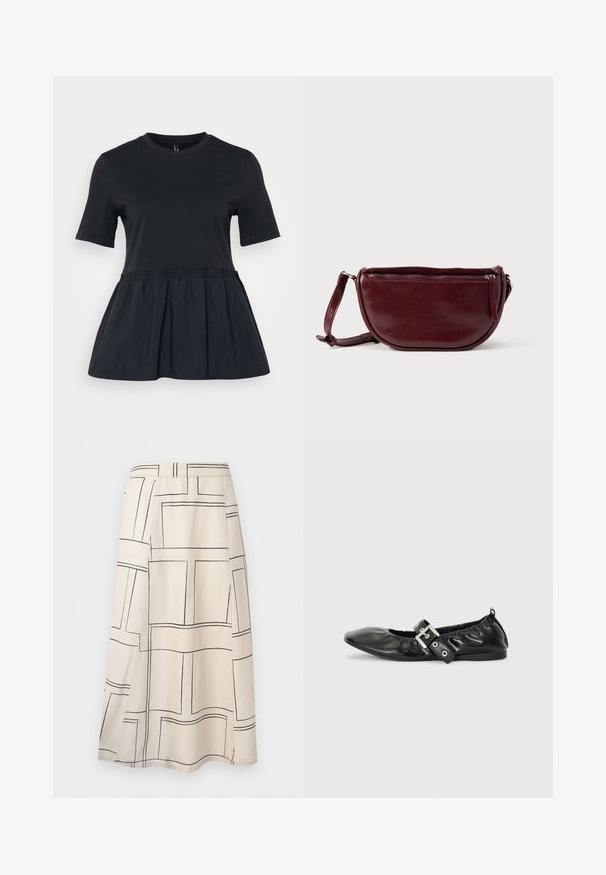 T-shirt noir à manches courtes, décolleté rond, avec une taille froncée et resserrée menant à un ourlet évasé de type peplum. Tissu au toucher doux.; Jupe midi beige à motif quadrillé rectangulaire irrégulier noir, silhouette en ligne A, avec fente latérale.; Chaussure plate en cuir noir avec un nez pointu, des détails froncés autour de l'ouverture et un accent en boucle argentée sur la bride ajustable.; Sac à main en cuir marron foncé avec une forme en demi-lune, une fermeture éclair et une bandoulière amovible. Texture lisse avec un léger éclat.
