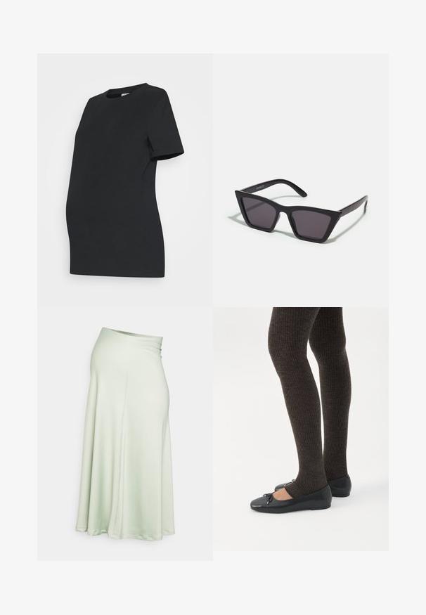 Camiseta de maternidad negra hecha de algodón suave. Mangas cortas, cuello redondo y un diseño ajustado para acomodar una barriga en crecimiento.; Anna Field MAMA by Zalando Falda acampanada - light green; Piernas con leggings oscuros acanalados combinados con bailarinas negras que presentan pequeños detalles de lazo sobre un fondo blanco.; Gafas de sol negras y angulares con lentes grises; fabricadas en plástico, con varillas gruesas de superficie suave y sin herrajes visibles.