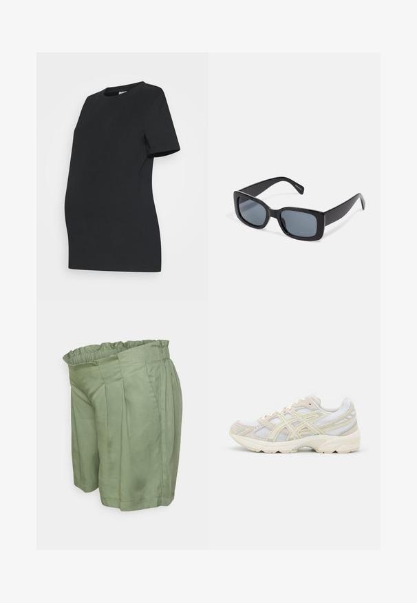 Camiseta de maternidad negra hecha de algodón suave. Mangas cortas, cuello redondo y un diseño ajustado para acomodar una barriga en crecimiento.; MAMALICIOUS MLTECA WO BARMUDA SHORTS - Shorts - sea spray; Zapatillas de correr con parte superior de malla en gris claro y beige, con acentos en amarillo, suela acolchada y patrones texturizados en los laterales.; Gafas de sol rectangulares negras con lentes oscuros, montura de plástico grueso y patillas anchas. Superficie lisa y diseño anguloso.