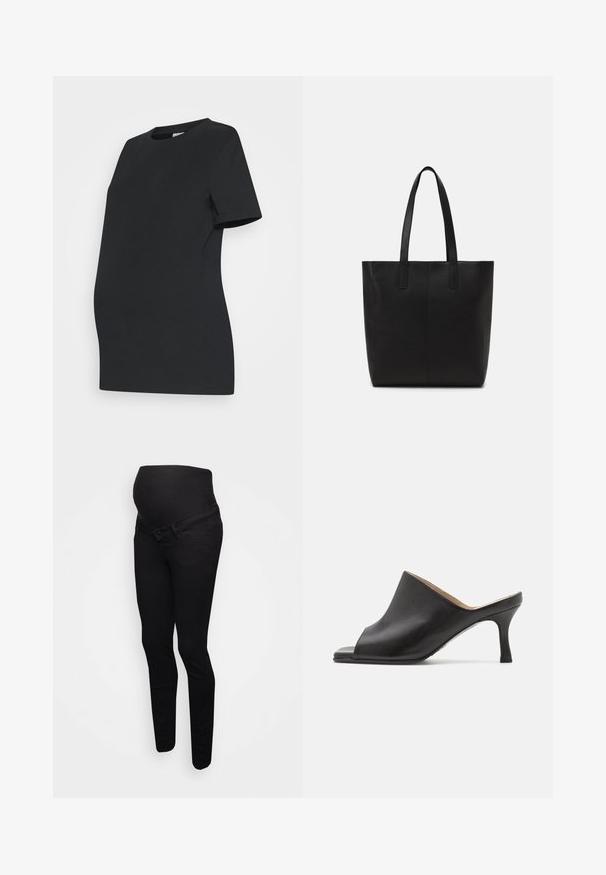 Camiseta de maternidad negra hecha de algodón suave. Mangas cortas, cuello redondo y un diseño ajustado para acomodar una barriga en crecimiento.; Jeans de maternidad negros con una banda elástica, forma ajustada y diseño clásico de cinco bolsillos. La tela parece suave con un ligero brillo.; Selected ASHLEY - Mules de tacón - black; Bolso tote negro hecho de material texturizado, con dos asas largas y un diseño simple y minimalista sin herrajes visibles.