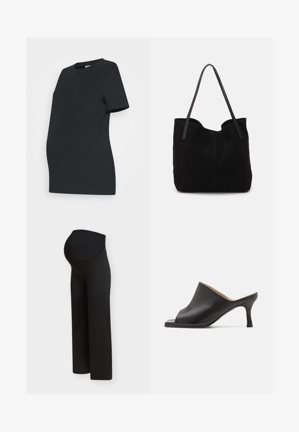 Camiseta de maternidad negra hecha de algodón suave. Mangas cortas, cuello redondo y un diseño ajustado para acomodar una barriga en crecimiento.; Pantalones de maternidad negros con una cintura alta y elástica diseñada para soportar el vientre de una mujer embarazada, mostrados sobre un fondo claro y liso.; Selected ASHLEY - Mules de tacón - black; Bolso de mano de ante negro con dos correas de cuero largas y planas. Presenta un borde superior curvado y costuras visibles en la parte frontal. Sin acentos de metal.