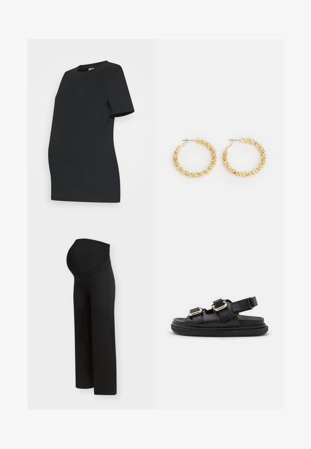 Camiseta de maternidad negra hecha de algodón suave. Mangas cortas, cuello redondo y un diseño ajustado para acomodar una barriga en crecimiento.; Pantalones de maternidad negros con una cintura alta y elástica diseñada para soportar el vientre de una mujer embarazada, mostrados sobre un fondo claro y liso.; ALOHAS HARPER - Sandalias - black; Pendientes de aro dorados con una superficie texturizada y pequeños acentos redondeados. Diseño circular y cierre de tipo post-back.