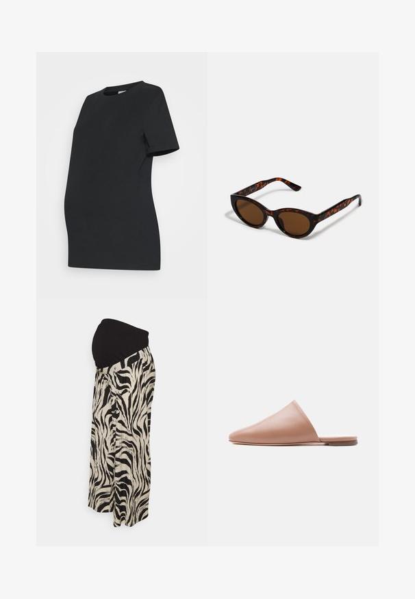 Camiseta de maternidad negra hecha de algodón suave. Mangas cortas, cuello redondo y un diseño ajustado para acomodar una barriga en crecimiento.; Anna Field MAMA by Zalando Pantalones - black/off-white; Mule sin respaldo de cuero beige con punta puntiaguda y suela plana, mostrado en perfil lateral sobre un fondo liso y claro.; Gafas de sol de carey marrón con una forma vintage de ojo de gato y lentes marrones. Presentan brazos curvados con acentos rojos.