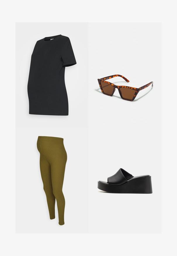Camiseta de maternidad negra hecha de algodón suave. Mangas cortas, cuello redondo y un diseño ajustado para acomodar una barriga en crecimiento.; MAMALICIOUS Leggings Maternity-leggings - Leggings - winter moss; Sandalias de cuña deslizantes de cuero negro con una parte superior lisa y un tacón de plataforma, que presentan un diseño minimalista y un acabado ligeramente texturizado.; Gafas de sol con tonalidades marrones y un patrón de carey, de montura angular y brazos delgados. Material plástico ligero.