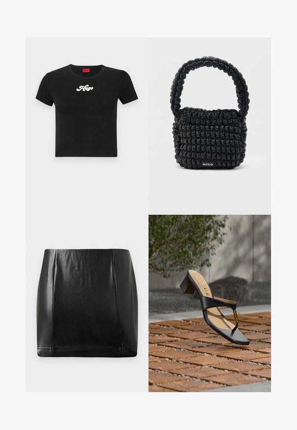 Schwarzes, kurzes T-Shirt aus Baumwolle mit einem weißen Schriftzug "Hugo" auf der Brust und einem runden Ausschnitt. Kurze Ärmel.; Schwarzer Kunstleder-Minirock mit Frontpaneel-Nähten und leichtem Glanz, flach auf einem neutralen Hintergrund ausgelegt.; Schwarze Sandalette mit Absatz, Zehenschlaufe und goldenem Akzent, auf einer Holz- und Steinpflasteroberfläche im Freien nahe Grünflächen platziert.; Kleine schwarze gesteppte Handtasche mit kurzem, gepolstertem Henkel und "HUGO"-Label auf der Vorderseite, vor einem schlichten hellen Hintergrund präsentiert.