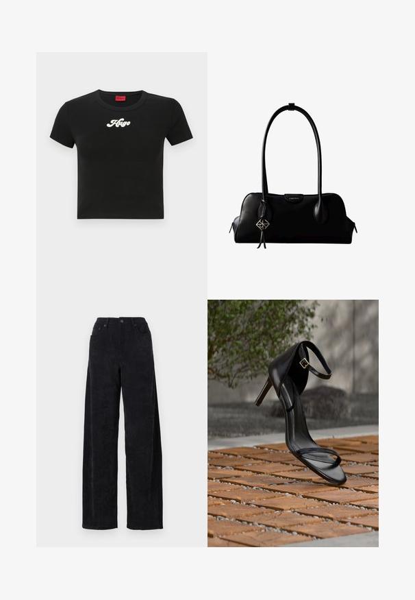 Schwarzes, kurzes T-Shirt aus Baumwolle mit einem weißen Schriftzug "Hugo" auf der Brust und einem runden Ausschnitt. Kurze Ärmel.; Schwarze Corduroy-Hosen mit weitem Bein und hohem Bund, ausgestattet mit zwei Fronttaschen und feiner vertikaler Rippstruktur.; Schwarze Sandalette mit hohem Absatz und Knöchelriemen schwebt über einem Holzboden im Freien vor verschwommenem Grün und Steinhintergrund.; Schwarze Lederhandtasche von Calvin Klein mit langem Schulterriemen, seitlichen Reißverschlüssen und einem dekorativen Anhänger, der an einem Riemen hängt.