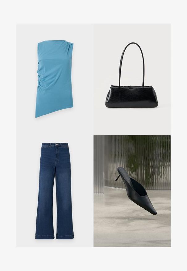 Haut bleu à une épaule sans manches avec ourlet asymétrique et détail de tissu froncé sur le côté gauche.; Jean en denim bleu à jambes larges avec une taille haute, présentant une fermeture à bouton à l'avant, cinq poches et des détails de coutures subtils.; Mule noire à bout pointu avec un talon fin et haut flottant au-dessus d'un sol en béton lisse, avec un arrière-plan flou à rayures verticales.; Sac à épaule rectangulaire noir avec de longues bretelles fines et une texture lisse et brillante sur un fond uni.