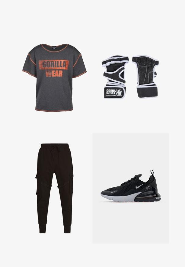Grijze T-shirt met korte mouwen met opvallende oranje tekst "GORILLA WEAR". Versleten zoom en oranje stiksel. Comfortabele pasvorm.; Zwarte cargobroek met een trekkoord in de taille, zijzakken en textuuraccenten op de cargozakken en riemen. Strakke boorden bij de enkels.; Zwarte sportieve schoen met bovenwerk van mesh, witte tussenzool en zichtbare luchtkussens in de hiel. Slank ontwerp met subtiele zilveren accenten.; Zwarte traininghandschoenen met geperforeerde palm, witte accenten, verstelbare banden en een logo patch. Gemaakt van duurzaam en flexibel materiaal.