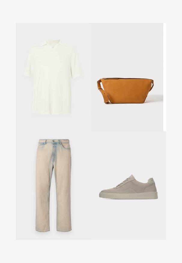 Polo de manga corta, color crema claro, hecho de un tejido texturizado, que cuenta con un escote en V y un diseño de cuello clásico.; Vaqueros de denim beige claro con un diseño de pierna recta, detalles en azul desgastado, cinco bolsillos y cierre de botón en la cintura.; Zapatillas deportivas de ante beige con acabado texturizado, puntera redondeada y cordones tono sobre tono. Cuenta con una suela de goma gruesa y una sutil marca en el talón.; Bolso bandolera de cuero marrón claro con correa ajustable y cierre de cremallera, mostrado sobre un fondo claro y liso.