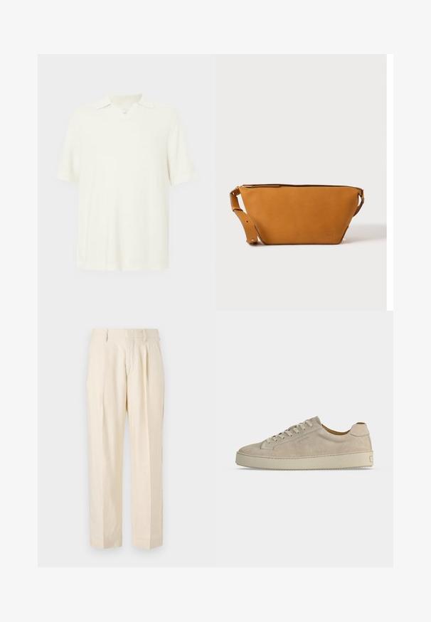 Kurzärmeliges Poloshirt in hellecreme Farbe, aus strukturiertem Stoff, mit V-Ausschnitt und klassischem Kragen.; NN.07 KAY - Stoffhose - off white; Beiger Wildleder-Low-Top-Sneaker mit Schnürverschluss und dicker Gummisohle, von der Seite auf weißem Hintergrund gezeigt.; Hellbraune Leder-Umhängetasche mit verstellbarem Schulterriemen und Reißverschluss, vor einem schlichten hellen Hintergrund gezeigt.