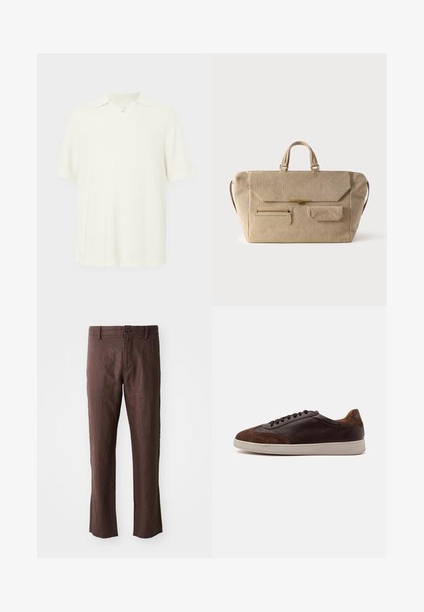 Kurzärmeliges Poloshirt in hellecreme Farbe, aus strukturiertem Stoff, mit V-Ausschnitt und klassischem Kragen.; Braune Leinenhose mit glatter Textur, geradem Schnitt, Fronttaschen, Gürtelschlaufen und einem einzelnen Knopfverschluss an der Taille.; Low-Top brauner Leder- und Veloursledersneaker mit dunkelbraunen Schnürsenkeln und weißer Gummisohle, von der Außenseite gezeigt.; Beige Cordtasche aus Cord mit zwei Griffen, Überschlagverschluss, vorderer Reißverschlusstasche und kleiner Überschlagtasche vor weißem Hintergrund.