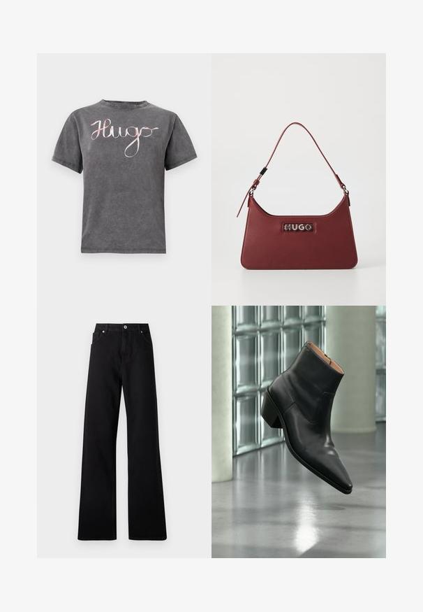 Grijze katoenen T-shirt met een ronde hals en korte mouwen, met een roze cursieve "Hugo" logo over de borst. Zachte textuur en casual ontwerp.; Zwarte wide-leg jeans van denim met een vijf-pockets ontwerp, voorste knoopsluiting en subtiele stikdetails.; Zwarte leren enkellaars met een spitse neus en blokhak die zweeft boven een reflecterende grijze vloer nabij een glazen blokmuur.; Kleine rechthoekige bordeauxrode leren handtas met een verstelbare schouderband en een zilveren "HUGO" logo plaatje aan de voorkant.