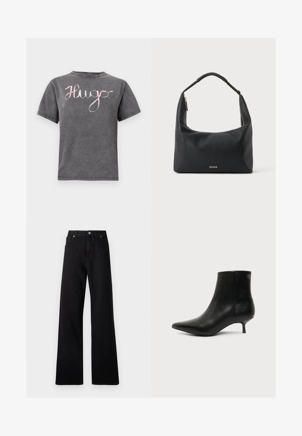 Grijze katoenen T-shirt met een ronde hals en korte mouwen, met een roze cursieve "Hugo" logo over de borst. Zachte textuur en casual ontwerp.; Zwarte wide-leg jeans van denim met een vijf-pockets ontwerp, voorste knoopsluiting en subtiele stikdetails.; Zwart leren enkellaars met puntige neus en lage kittenhak op lichte achtergrond, zijaanzicht buitenkant.; Zwarte leren schoudertas met gevlochten handvat, gouden ritsdetail en klein goudkleurig "HUGO"-logo aan de voorkant in het midden.