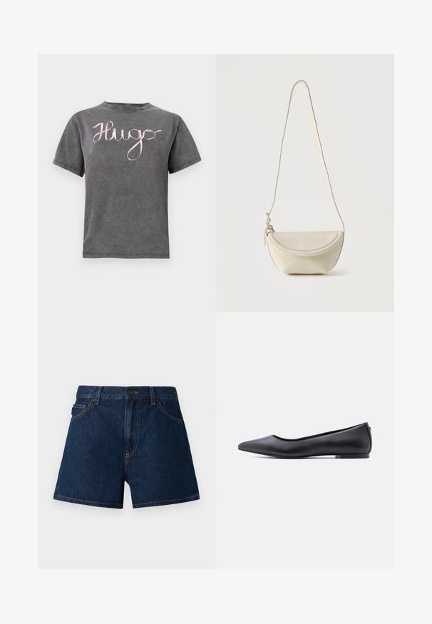 Grijze katoenen T-shirt met een ronde hals en korte mouwen, met een roze cursieve "Hugo" logo over de borst. Zachte textuur en casual ontwerp.; Donkerblauwe denim shorts. Voorzien van een klassieke snit met een tailleband, voorzakken en zichtbare naden. Soepele textuur, minimalistisch ontwerp.; Zwarte platte leren schoen met puntige neus en lage hak, zijaanzicht tegen een witte achtergrond.; Kleine crèmekleurige leren crossbody tas met een gebogen klep en een lange, dunne band, hangend tegen een effen achtergrond.