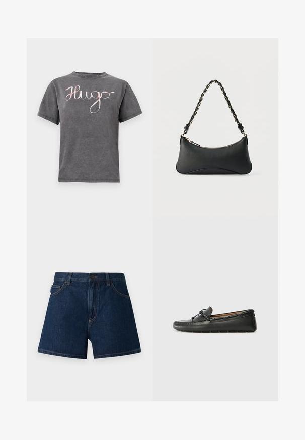 T-shirt en coton gris à col rond et manches courtes, avec un logo "Hugo" en cursive rose sur la poitrine. Texture douce et design décontracté.; Shorts en denim bleu foncé. Ils présentent une coupe classique avec une ceinture, des poches avant et des coutures visibles. Texture lisse, design minimaliste.; Bateau en cuir noir avec un bout arrondi, des détails de couture, un petit accent en nœud et une semelle en caoutchouc. Texture lisse et design épuré.; Sac à bandoulière en cuir noir de forme rectangulaire incurvée, avec une chaîne dorée tissée dans la bandoulière noire tressée et une fermeture éclair sur le dessus.