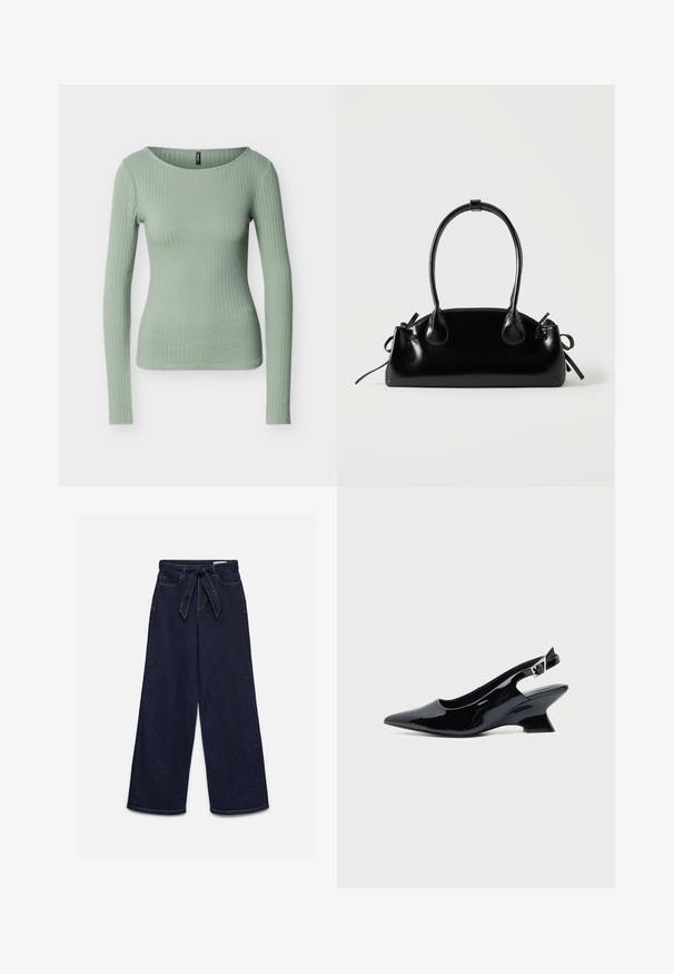 Haut ajusté à manches longues côtelé de couleur vert clair avec un col rond, présenté sur un fond blanc uni.; Jean taille haute bleu foncé à jambes larges avec poches avant et ceinture en tissu assortie nouée à la taille.; Chaussure slingback en cuir verni noir avec bout pointu et petit talon bloc incliné sur fond clair uni.; Petit sac à main noir brillant avec deux longues anses et des détails à cordon sur les côtés sur un fond clair uni.