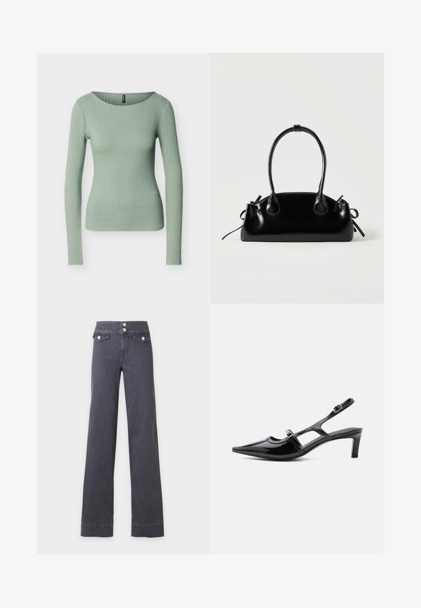 Haut ajusté à manches longues côtelé de couleur vert clair avec un col rond, présenté sur un fond blanc uni.; Jean gris foncé taille haute à jambes larges avec deux poches avant à rabat et boutons argentés sur fond uni.; Chaussure slingback en cuir verni noir à bout pointu, petit talon et deux brides réglables avec boucles, vue de profil latéral.; Petit sac à main noir brillant avec deux longues anses et des détails à cordon sur les côtés sur un fond clair uni.