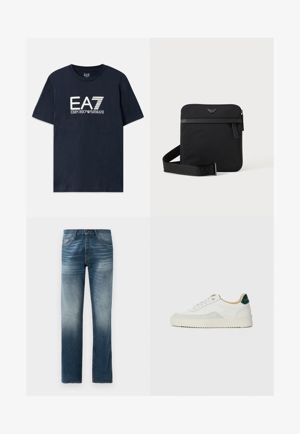 Blaues Baumwoll-T-Shirt mit kurzen Ärmeln und rundem Ausschnitt. Auf der Vorderseite befindet sich ein auffälliges weißes EA7 Emporio Armani-Logo.; Dunkelblaue, ausgeblichene Denim-Jeans im gerade geschnittenen Design. Mit fünf Taschen, einem standardmäßigen Taillenbund mit Gürtelschlaufen und einem Metallknopfverschluss.; Weiße Sneaker mit Wildlederelementen, runder Zehenpartie, flachen Schnürsenkeln und einer cremefarbenen Gummisohle. Mit grünen Markenlogo am Fersenbereich.; Schwarze quadratische Schultertasche mit Reißverschluss, Vordertasche und verstellbarem Riemen mit eingeprägtem Markennamen.