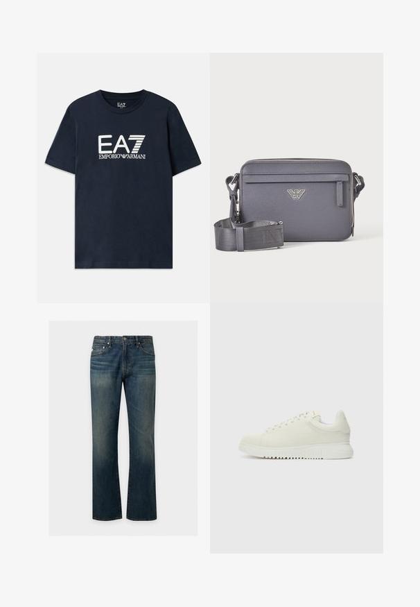 Blauwe katoenen T-shirt met korte mouwen en een ronde hals. Voorzien van een prominent wit EA7 Emporio Armani-logo op de voorkant.; Blauwe rechte spijkerbroek met vijf zakken en subtiele vervaagde details op dijen en knieën, getoond tegen een effen achtergrond.; Witte leren sneaker met een textuur bovenkant, ronde neus, vlakke witte zool en tonale veters. Subtiele branding op de tong.; Donkergrijze rechthoekige crossbodytas met verstelbare riem, voorvak met rits en zilveren logokembleem.