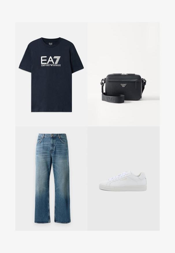 Modrá bavlnená tričko s krátkymi rukávmi a okrúhlym výstrihom. Na prednej strane sa nachádza výrazné biele logo EA7 Emporio Armani.; Svetlomodré široké džínsy s vyblednutým praním, s jedným gombíkom na zapínanie, piatimi vreckami a kontrastným prešívaním.; Biele kožené nízke tenisky s okrúhlou špičkou, plochými tkaničkami, štruktúrovanou podrážkou a jemným zlatým logom na boku. Hladký povrch a minimalistický dizajn.; Čierna crossbody taška vyrobená z textúrovaného materiálu. Obsahuje zips, predné vrecko na zips a kovový logový akcent. Zahrnuje nastaviteľný popruh.