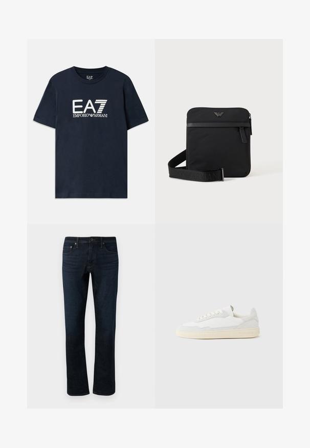 Blå bomulds t-shirt med korte ærmer og rund halsudskæring. Har et fremtrædende hvidt EA7 Emporio Armani-logo på forsiden.; Mørkeblå denimjeans med lige ben, der har et klassisk fem-lomme design og subtile syninger.; Hvid sneakers med en øvre del i tekstureret ruskind og læder. Har rundet tå, snørelukning og kontrasterende beige gummisål.; Sort firkantet skuldertaske med lynlås, frontlomme og justerbar rem med præget brandnavn.