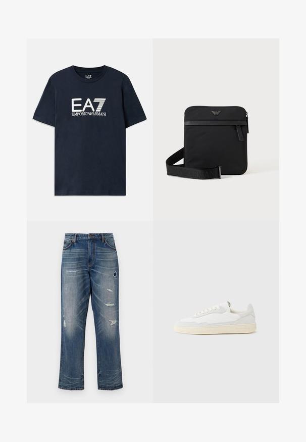 Blauwe katoenen T-shirt met korte mouwen en een ronde hals. Voorzien van een prominent wit EA7 Emporio Armani-logo op de voorkant.; Blauwe denim jeans met een ontspannen pasvorm, voorzien van versleten patches en vervaging. Ze hebben standaardzakken en zichtbare stikselaccenten.; Witte sneaker met een bovenwerk van gestructureerd suède en leer. Voorzien van een afgeronde neus, vetersluiting en een contrasterende beige rubberen zool.; Zwarte vierkante schoudertas met ritssluiting, voorvak en verstelbare band met geperste merknaam.