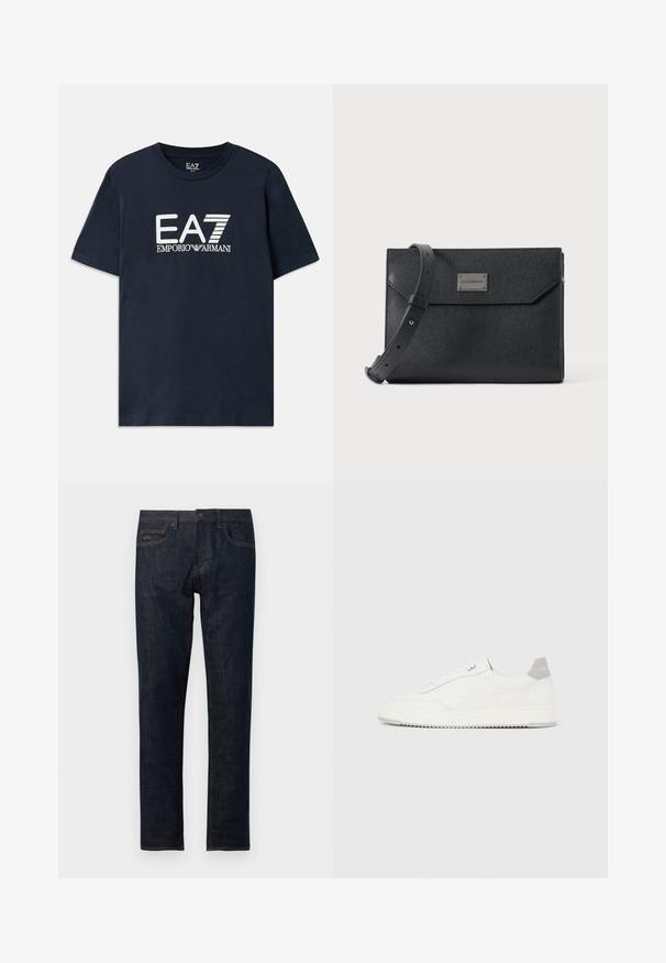 Camiseta de algodón azul con mangas cortas y escote redondo. Presenta un destacado logo blanco de EA7 Emporio Armani en la parte delantera.; Pantalones vaqueros de mezclilla azul oscuro con un diseño de pierna recta, que cuentan con un cierre de botón, cinco bolsillos y acentos de costura en naranja.; Zapatilla blanca de corte bajo con pestaña en el talón gris, cordones blancos y suela texturizada, presentada sobre un fondo claro y liso.; Bolso bandolera de cuero negro texturizado con correa ajustable y placa metálica con logo en el frente, cierre de solapa rectangular estilo sobre.