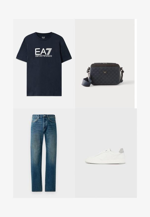 Modrá bavlnená tričko s krátkymi rukávmi a okrúhlym výstrihom. Na prednej strane sa nachádza výrazné biele logo EA7 Emporio Armani.; Modré denimové džínsy so strihom rovného noha, s piatimi vreckami, jemným blednutím a kontrastnými vyšívanými detailami.; Biela nízka teniska so sivým pätovým pásikom, bielymi šnúrkami a členitou podrážkou, zobrazená na jednoduchom svetlom pozadí.; Obdĺžniková tmavomodrá crossbody taška s nastaviteľným popruhom, zapínaním na zips a jemným logom na prednom paneli.