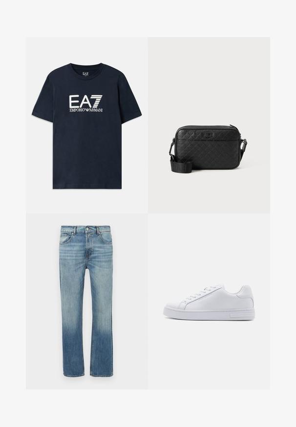 Modrá bavlnená tričko s krátkymi rukávmi a okrúhlym výstrihom. Na prednej strane sa nachádza výrazné biele logo EA7 Emporio Armani.; Svetlomodré rifle z denimu s rovnými nohavicami, vyblednutými detailmi, piatimi vreckami a predným zapínaním na gombík. Viditeľné švy pozdĺž spojov.; Biele kožené tenisky s hladkým povrchom, okrúlym špicom, šnurovaním vpredu a plochou gumovou podrážkou. Na päte majú embosované logo.; Čierna textúrovaná crossbody taška s embosovaným geometrickým vzorom a nastaviteľným popruhom s logom značky.