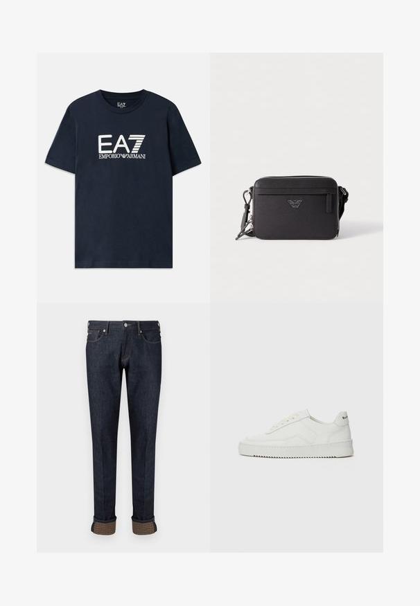 Blå bomulds t-shirt med korte ærmer og rund halsudskæring. Har et fremtrædende hvidt EA7 Emporio Armani-logo på forsiden.; Mørkeblå denimjeans med et lige ben design, der har en opsmøget kant og en mærket tan stofaccent på manchetterne.; Hvide lædersneakers med en glat overflade, rund tå, flade snørebånd og en tekstureret sål. Har et diskret logo på hælen.; Sort tekstil crossover-taske med lynlåslukning, der har en frontlomme, logo-detalje og justerbar rem. Tekstureret overflade, rektangulær form.