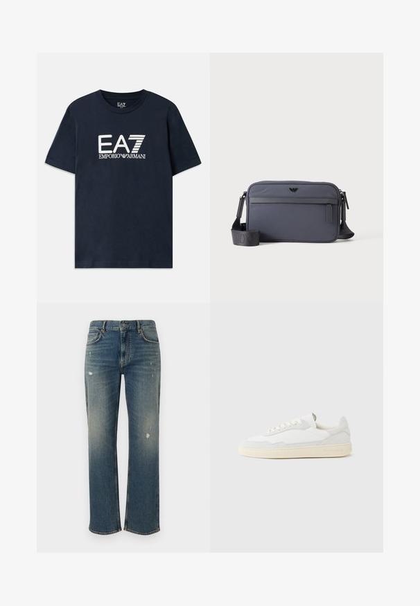Blauwe katoenen T-shirt met korte mouwen en een ronde hals. Voorzien van een prominent wit EA7 Emporio Armani-logo op de voorkant.; Spijkerbroeken in medium blauw met een rechte snit, met lichte vervaging en versleten stukken. Klassiek vijf-pocket ontwerp en sluiting met bovenste knoop.; Witte sneaker met een bovenwerk van gestructureerd suède en leer. Voorzien van een afgeronde neus, vetersluiting en een contrasterende beige rubberen zool.; Grijze rechthoekige crossbodytas met voorvak met rits, verstelbare schouderriem en klein zwart logo aan de voorkant in het midden.