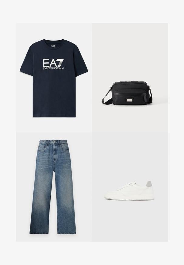 Blå bomulds t-shirt med korte ærmer og rund halsudskæring. Har et fremtrædende hvidt EA7 Emporio Armani-logo på forsiden.; Blå denim bredbenede jeans med høj talje, subtilt slid, fem lommer og metalknaplukning foran.; Hvid lavtop-sneaker med gråt hælflig, hvide snørebånd og tekstureret sål, vist på en ensfarvet lys baggrund.; Sort rektangulær crossbody-taske med front lynlåslomme, justerbar rem og sølv rektangulært logo mærke på ensfarvet baggrund.