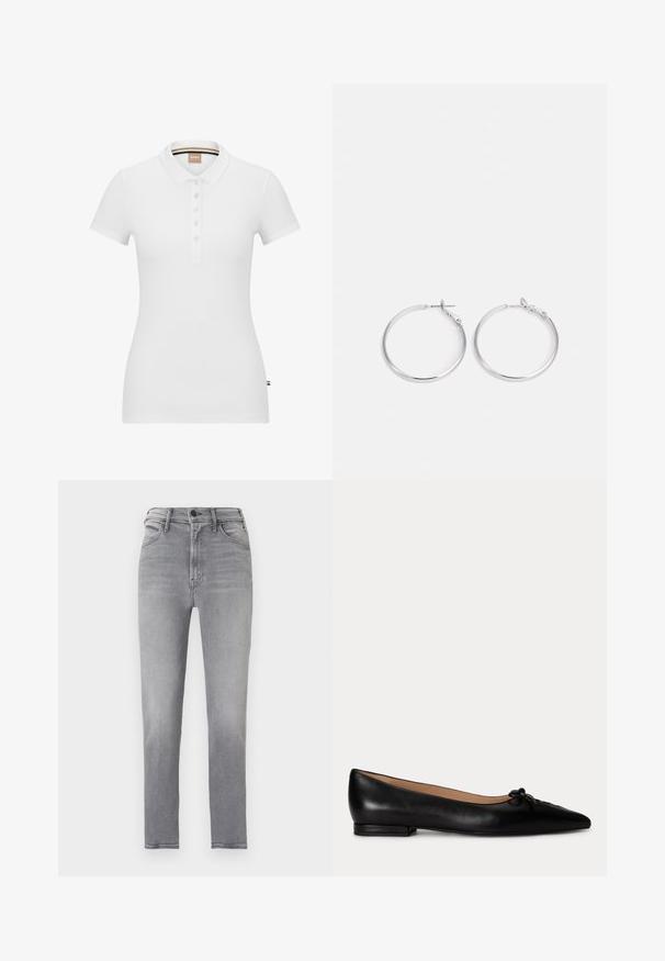 Weißes Poloshirt aus Baumwolle, mit kurzen Ärmeln, einem Kragen und einer Knopfleiste. Dezentes Markenlogo auf der Brust gestickt.; Schmal geschnittene, hoch taillierte graue Jeans mit vorderem Knopf, Reißverschluss und Fünf-Taschen-Design, vor einfachem Hintergrund dargestellt.; Schwarzer flacher Lederschuh mit spitzer Zehe und kleinem Schleifendetail oben, niedriger Absatz und beigem Innenfutter.; sweet deluxe EARRING - Ohrringe - silver-coloured