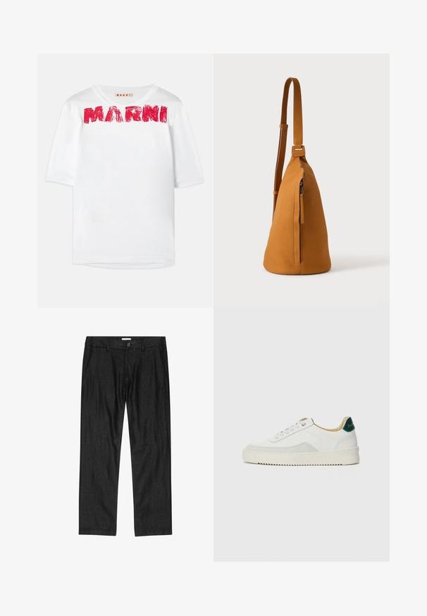 Witte t-shirt met korte mouwen en een wijde ronde hals, waarop het 'MARNI' logo in het rood gedrukt is, met een licht gestructureerde stof.; Zwarte recht gesneden herensbroek met knoop aan de voorkant, ritssluiting en zijzakken, plat uitgestald op een witte achtergrond.; Witte sneaker met suède accenten, ronde neus, platte veters en een crème rubberen zool. Bevat groene branding op de hiel.; Lichtbruine leren schoudertas met verstelbare band en verticale ritszak, zijaanzicht tegen een effen lichte achtergrond.
