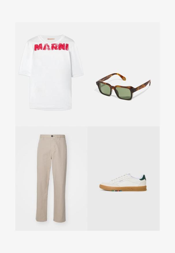 Witte t-shirt met korte mouwen en een wijde ronde hals, waarop het 'MARNI' logo in het rood gedrukt is, met een licht gestructureerde stof.; Beige rechtlopende broek van lichtgewicht stof, met een knoopsluiting en subtiele stikdetails. Platte voorkant met zijzakken.; Witte leren sneaker met geperforeerd ontwerp, gumrubberen zool, groene hielaccent en kleurrijke streepdetails aan de zijkant.; Vierkante zonnebril met een schildpadprint montuur, groene lenzen en dikke pootjes. Kenmerkt zich door scherpe hoeken en een glanzende textuur. Verstelbare pasvorm.