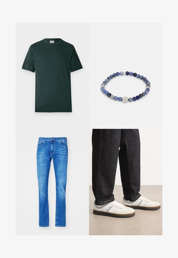 Camiseta de manga corta en verde oscuro, hecha de algodón suave, con cuello redondo y un ajuste relajado, sin patrones ni adornos visibles.; Vaqueros de mezclilla azul con corte recto, con cierre de botón y cremallera, cinco bolsillos y un sutil desgastado en la tela.; Zapatillas blancas y gris claro con un acabado de gamuza texturizada y parte superior de cuero, suela de goma marrón y una franja de acento en azul marino. Combinadas con jeans oscuros.; Tommy Hilfiger MEN BEADS - Pulsera - blue/silver-coloured
