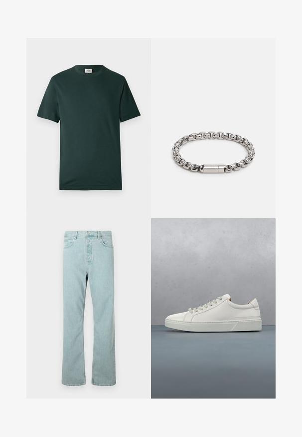 Camiseta de manga corta en verde oscuro, hecha de algodón suave, con cuello redondo y un ajuste relajado, sin patrones ni adornos visibles.; Jean de mezclilla azul claro con un corte recto, cinco bolsillos y un cierre de botón único. Terminado con detalles de costura sutiles.; Zapatilla blanca de cuero con punta redondeada, diseño minimalista, cordones grises y suela de goma texturizada gris. Detalles de costura sutiles visibles.; Pulsera de metal plateado con eslabones interconectados y un acabado pulido, y un cierre cilíndrico. Textura suave con ligeras reflexiones.