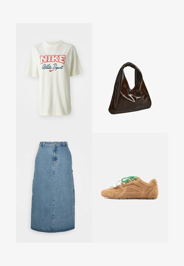 Biele bavlnené tričko s červeným a modrým logom "NIKE", s textom "Just Do It" nad ním a "Athletic Depart." pod ním, krátke rukávy, okrúhly výstrih.; Obey Clothing JUNIPER MIDI SKIRT - sukňa v tvare A - stonewash indigo; Svetlohnedá semišová teniska so zelenými a bielymi šnúrkami, viditeľným prešívaním a textúrovanou podrážkou, zobrazená z boku na jednoduchom pozadí.; Tmavohnedá lesklá kožená kabelka s trojuholníkovým tvarom a krátkym širokým uchom, zobrazená na bielom pozadí.