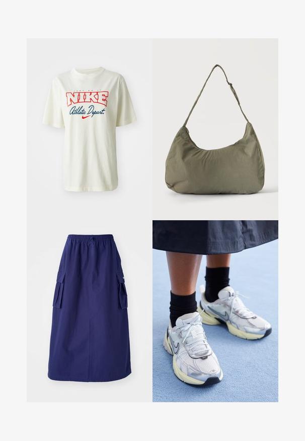 Hvid bomulds t-shirt med rød og blå "NIKE" logo med teksten "Just Do It" ovenover og "Athletic Depart." nedenfor, korte ærmer, rund hals.; Marineblå, mellemlang nederdel med elastisk talje, der har to sidelommer og et minimalistisk logodesign. Glat stofstruktur.; Hvide og sølv Nike sneakers med mesh-stof, reflekterende detaljer og en beige sål. Bæres med sorte sokker og står på en blå overflade.; Skuldertaske i blødt olivengrønt stof med lynlås og justerbar rem på ensfarvet, lyst baggrund.