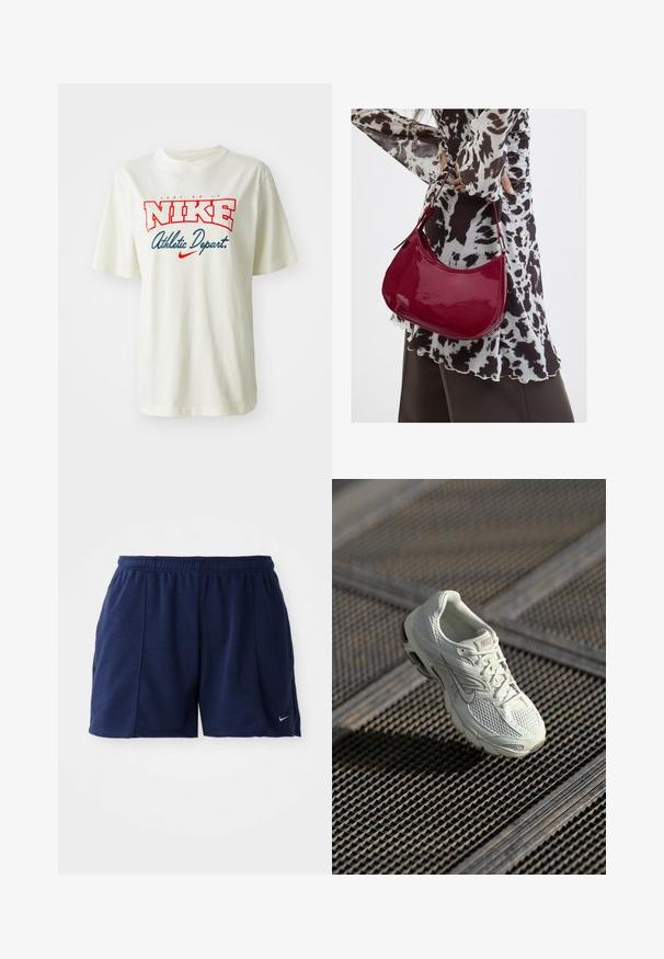 Hvid bomulds t-shirt med rød og blå "NIKE" logo med teksten "Just Do It" ovenover og "Athletic Depart." nedenfor, korte ærmer, rund hals.; Mørkeblå athletic shorts lavet af blødt stof med en elastisk talje; har sidelommer og et lille sølvlogo på kanten.; Hvide Nike løbesko med overdel i mesh og syntetisk materiale, som hviler på metalristgulv i blødt naturligt lys.; Kvinde iført en sort- og hvidmønstret bluse, der holder en blank rød skuldertaske mod en ensfarvet baggrund.