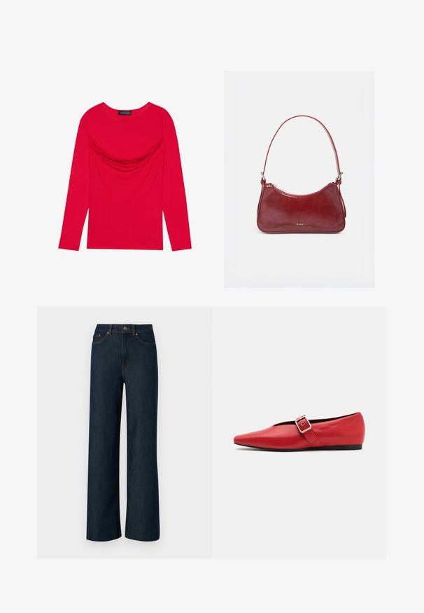 Haut à manches longues en coton rouge vif avec détail froncé au niveau du col et un col rond classique, présentant une silhouette ajustée.; Jean en denim bleu foncé à jambes larges avec des coutures orange contrastantes, cinq poches et une fermeture à bouton. Tissu lisse et texturé.; Ballerine en cuir rouge avec une pointe pointue, comportant une lanière sur le côté avec une boucle en métal et un petit talon noir. Texture lisse sur l'ensemble.; Petit sac à main brillant rouge foncé avec une seule bandoulière, fermeture éclair argentée et logo « RAID » au centre avant.