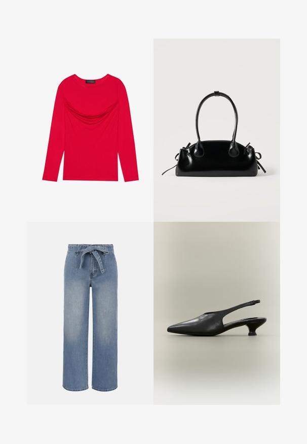 Haut à manches longues en coton rouge vif avec détail froncé au niveau du col et un col rond classique, présentant une silhouette ajustée.; Jean taille haute à jambes larges bleu clair avec ceinture en tissu nouée et poches avant, présentant un effet délavé légèrement estompé.; Chaussure à bride arrière en cuir noir avec bout pointu et petit talon bas sur fond neutre.; Petit sac à main noir brillant avec deux longues anses et des détails à cordon sur les côtés sur un fond clair uni.