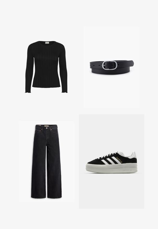 Top negro de manga larga con textura acanalada, con cuello redondo y bordes de dobladillo con forma de pico, hecho de un material elástico para un uso ajustado.; Jeans de pierna ancha negros hechos de denim, con cinco bolsillos, remaches de cobre y un cierre clásico de botón. Textura suave con un diseño limpio.; Zapatillas negras de ante con detalles en cuero blanco, tres rayas blancas, cordones planos y una gruesa suela de plataforma gris. Marca "Gazelle" en dorado.; Cinturón de cuero negro con una textura suave, hebilla ovalada de metal plateado y múltiples agujeros de ajuste a lo largo de la correa. Diseño plano y minimalista.