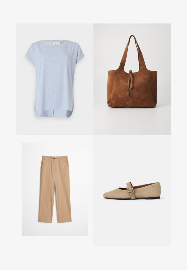 Lichtblauw kortmouwtopje gemaakt van zachte stof met een ronde halslijn en een losse pasvorm; heeft zijsplitten aan de zoom.; Beige katoenen broek met rechte pijpen, een knoopsluiting aan de voorkant en een gladde textuur. Voorzien van standaard riemlussen en een platte voorkant.; Beige suède Mary Jane balletschoenen met een spitse neus en een enkele verstelbare band met een zilveren gesp. Zwarte platte zool.; Bruine suede tote bag met twee lange handvatten, trekkoordsluiting en een gladde textuur. Kenmerkt zich door een eenvoudig ontwerp en minimale accenten.