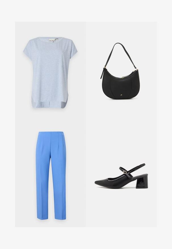 Top de manga corta azul claro, hecho de una tela suave, con un escote redondeado y un corte holgado; cuenta con aberturas laterales en el dobladillo.; Pantalones azules a medida, hechos de tela suave con pliegues laterales, que presentan un corte recto y una cinturilla limpia. Sin hardware visible ni patrones.; Tacones slingback de charol negro con punta afilada, un diseño de corte redondeado y tacón bloque. Incluye un detalle de hebilla en tono dorado.; Bolso de mano de cuero negro con forma curva, superficie texturizada, costuras frontales y un logo en tono dorado. Cuenta con una sola correa ajustable.